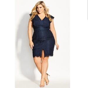 NWT City Chic Sweet Julia Ruffle Lace Slit Mini Dress in Navy Blue